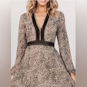 Baltic Born Cha Cha Black Dress with Tan Spot Print, V-neck Lace Trim. Size M